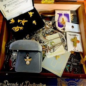 Lot of Crosses & Angels 65 Pieces in Cigar Storage Box